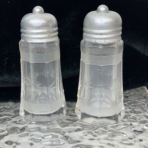 Etched crystal glass salt and pepper shakers